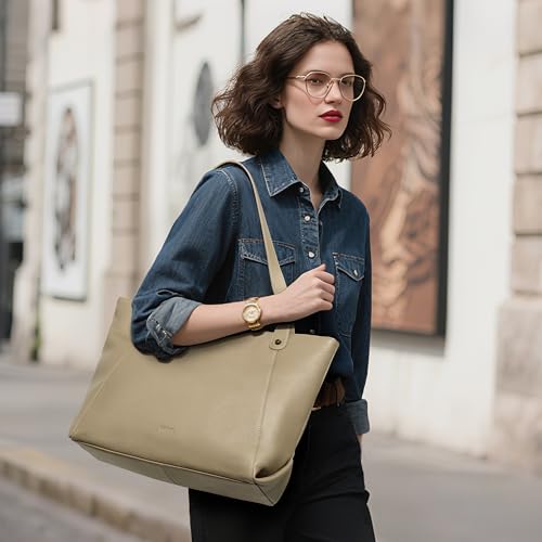 Image of befen Genuine Leather Tote Bag for Women Work Travel Leather Purse Handbags | Real Leather, Padded 14 inch Laptop Compartment, Multi-Pockets, Zipper, Tote Bag for Daily