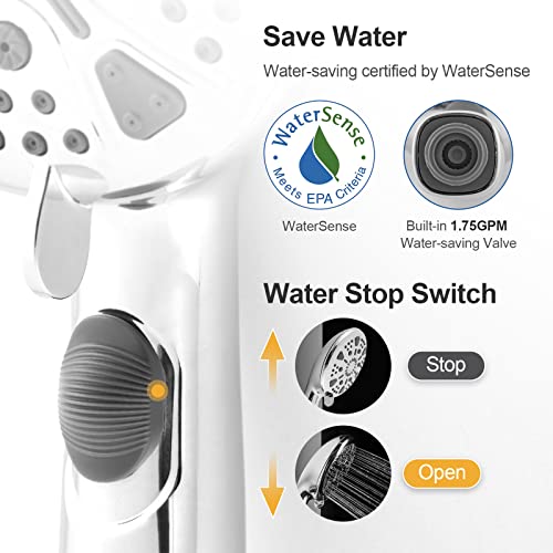 Siepunk High Pressure Shower Head With Hose, 8 Mode Spray Handheld Shower Head With Filter, Giant 5.5" Face, Adjustable Bracket, On/Off Switch Pause Button, 68.9" Stainless Steel Hose, Chrome Finish #TOP3