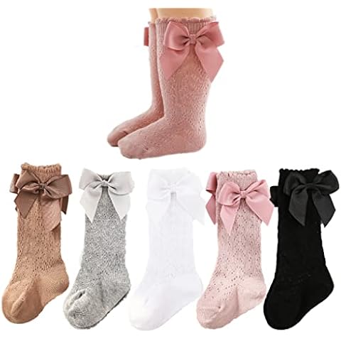 TIBE PINCESS Baby Girls knee high socks Toddler Bow Mesh Breathable Dress Socks Kids Cotton Tube Uniform Stockings 5-Pack Mesh Size 12-24 Months Cover