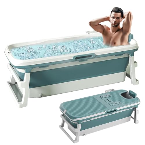 Portable Bathtub for Adult Foldable, 52 inch Collapsible Folding Soaking Tub, Ice Hot Bath Spa Tub with LCD Display, Freestanding Bathtubs with Storage Basket and Lid (Blue and White, 52 inch)