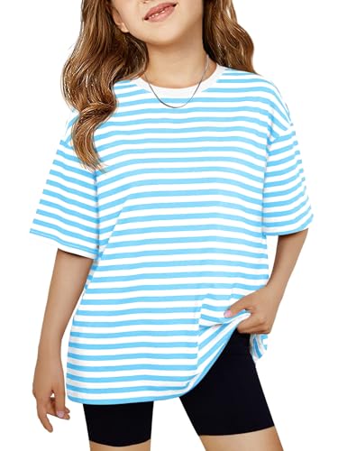 Image of Haloumoning Girls Striped Short Sleeve T Shirts Kids Summer Oversized Tops Casual Crewneck Tees 5-14 Years