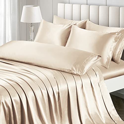 Ersmak 7-teiliges Satin-Bettlaken-Set, King-Size, seidiges Beige, Satin, Bettwäsche-Set mit 1 tiefen Spannbetttuch, 1 weiches Bettlaken, 4 King-Size-Kissenbezügen und 1 Kopfkissenbezug Cover