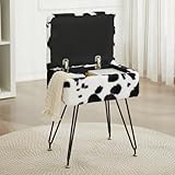 Leesingdo Vanity Stool Chair, Faux Fur Ottoman Foot Stool with Metal Legs & Adjustable Black Feet, Flip Top Storage Makeup Stool with Soft Padded Seat, Foot Rest for Makeup Room Bedroom, Cow