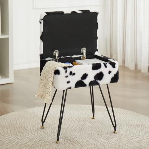 Leesingdo Vanity Stool Chair Faux Fur Ottoman Foot Stool with Metal Legs & Adjustable Black Feet Flip Top Storage Makeup Stool with Soft Padded Seat Foot Rest for Makeup Room Bedroom Cow