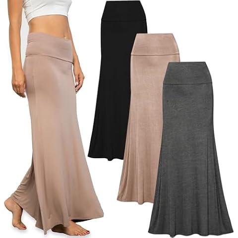 Free to Live Women's 3 Pack Foldover High Waisted Maxi Skirts Black, Charcoal, Mocha Small Cover