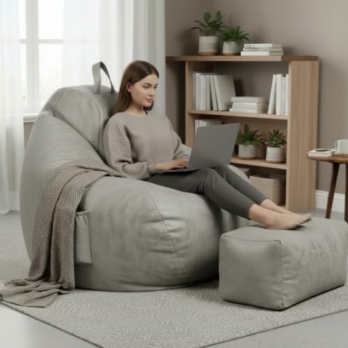Image of KAM'S LIEU 5XL Premium Imported Suede Bean Bag Chair with Footrest & Cushion | Filled with High Density Polystyrene Beans | Premium Soft Fabric | Ready to Use Color- (Grey, 5XL)