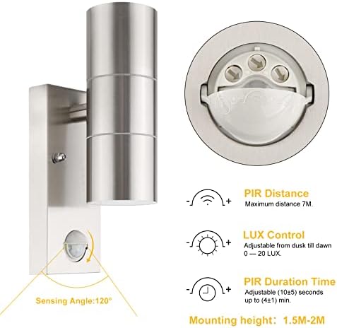 Glirowy Modern Stainless Steel Up Down Outdoor Security Wall Light with PIR Motion Sensor, IP44 Waterproof, Ideal for Garden Entrance Corridor Courtyard, Use GU10 Max 35W (Not Included)