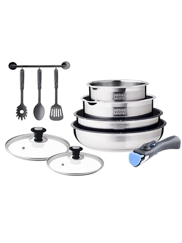 AM0495 10-Piece Cookware Set Containing Saucepans 16/20 cm, Frying Pans 24/26 cm, Accessories and Removable Stainless Steel Handles