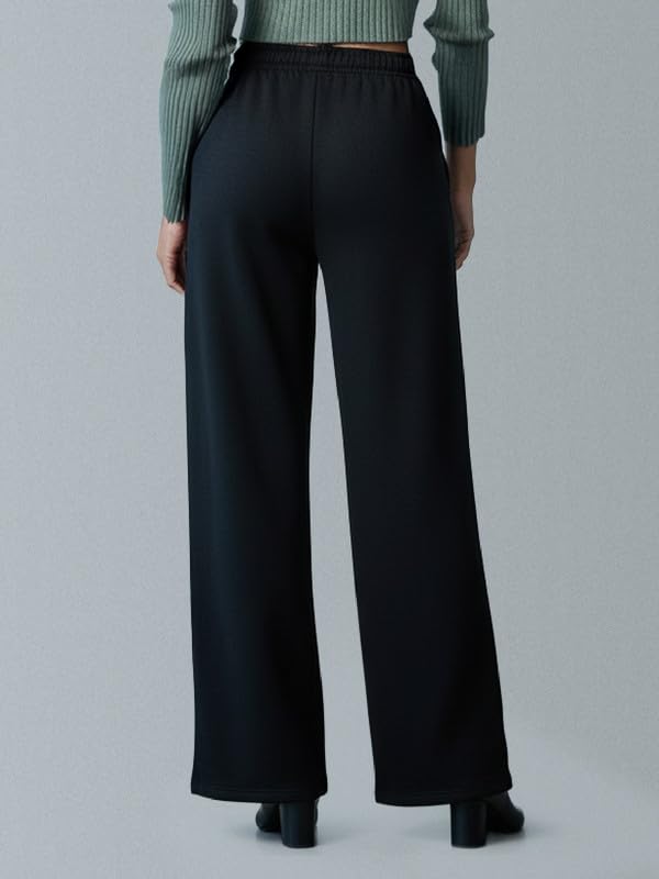 Image of GO COLORS Polycotton Fleece Wide Pants for Women | Relaxed Fit, High Rise