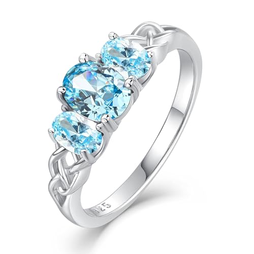 FANUFAN March Birthstone Ring 925 Sterling Silver Oval Aquamarine Ring Celtic Knot Ring 3-Stone Promise Rings for Women Wife Birthday Anniversary Wedding Jewelry Ring Size 9.5