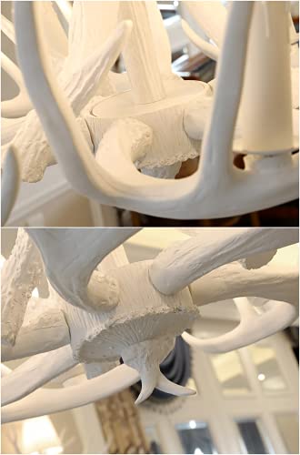White Antler Chandelier, Bigmaii Farmhouse Rustic Deer Horn Chandelier Lighting Classic Candle Style, Cabin Vintage Large Pendant Lamp 9 Lights 18 Arms, Faux Antler Hanging Ceiling Light #TOP3