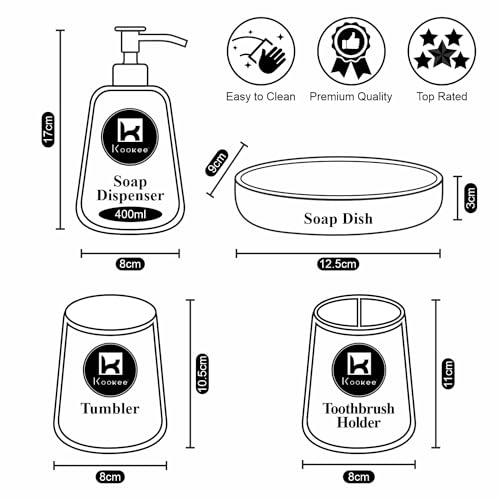 Image of Kookee Ceramic Bathroom Accessories Set 4 Piece - Soap Dispenser, Toothbrush Holder, Tumbler & Soap Dish | Modern Designer Decor for Home & Guest Bathroom, Dark Grey (10430)