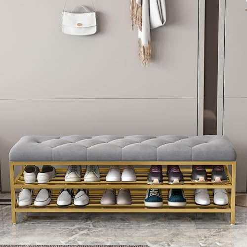 Image of Entryway Shoe Rack with Cushioned Seat, Shoe Bench for Entry, 2 Shelves Storage Bed Bench