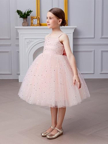 Pearls Sparkle Tulle Flower Girl Dress for Wedding Spaghetti Strap Sleeveless Bow Knot Short Satin Party Tutu Dress3