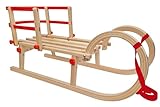 Hörnerschlitten Klappschlitten aus Holz 95 cm – Klassischer Holzschlitten aus Buche mit Lehne & Ziehleine, Stabiler Rodelschlitten belastbar bis 90 kg