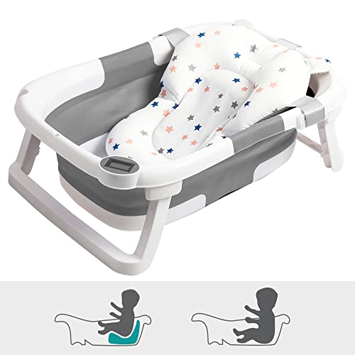 Image of Collapsible Baby Bathtub for Infants to Toddler, Portable Travel Bathtub Multifunctional Bathtub with Drain Hole, Baby Folding Bathtub for Newborn 0-36 Month (Blue+Floating Baby Bath Cushion)