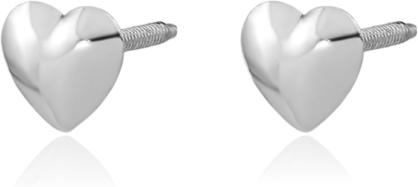 IceCarats 14K Solid White Gold Medium Heart Stud Earrings 5mm Screw Back, Polished For Her
