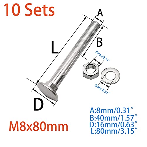 Image of 10 Sets Long Square-Neck Carriage Bolts Set,Carriage Bolts Set w /Nuts & Flat Washers,Zinc-Plated,Carbon Steel Grade 4.8,Plain Finish,Partial Threaded(M8-1.25X80mm)