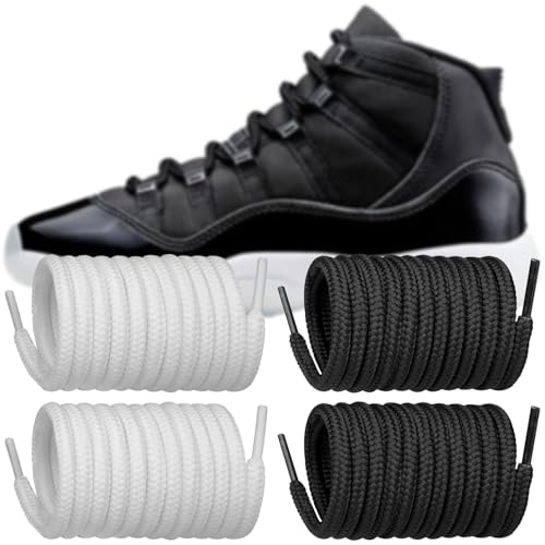 Endoto 2 Pairs Shoelaces for Air Jordan 11,Replacement 5MM Shoe Laces Round Polyester Sneaker Shoes(Color:Black+White,Size:50Inch)