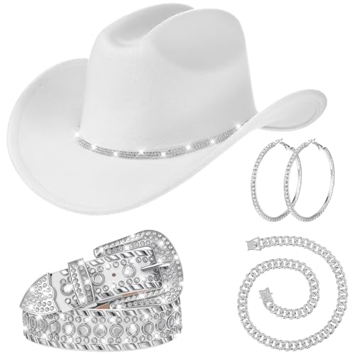 Image of Tisancy 4 Pcs Rhinestone Belt for Men Women Glitter Cowboy Hat Diamond Chain Earring Outfit for Party Supplies