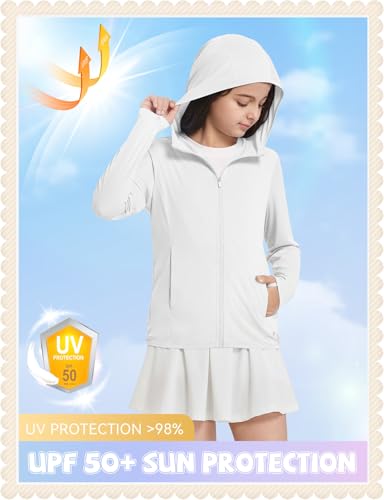 baleaf Girl's UPF 50+ Rash Guard Sun Jacket Hoodie SPF UV Protection Full Zip Swim Shirts Long Sleeve for Kids2