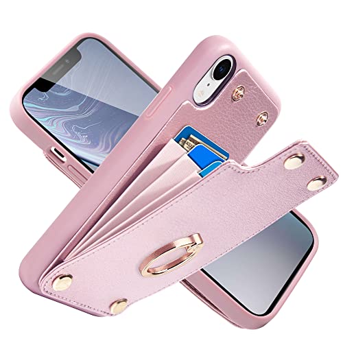 LAMEEKU Wallet Case for iPhone XR, Kickstand Ring Holder Leather Case with Card Holder Slot Money Pocket 360°Rotation Metal Ring Grip Stand Cover for iPhone XR 6.1'' Rose Gold