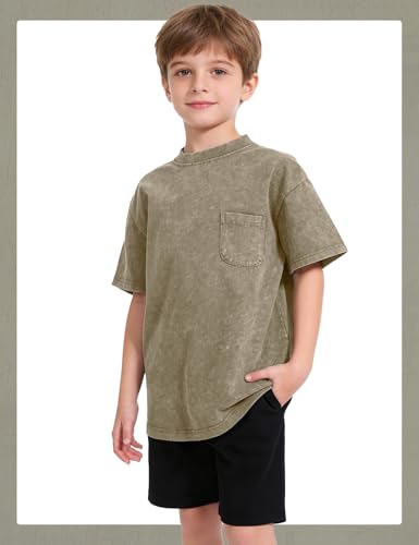 Image of COZYPOIN Unisex Kids Vintage Acid Wash Cotton Tees Crew Neck 3-16Y | 100% Cotton Boys Oversized T Shirt, Crew Neck, Short Sleeve, Front Pocket, Vintage Acid Washed Kids Tees for Boys Girls