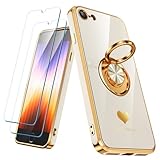 Nonional Compatible for iPhone SE/8/7 Case with 2 Pack Screen Protector, 360° Rotatable Ring Holder [Luxury Hearts Pattern] Plating Gold Edge Slim Soft Phone Case for iPhone SE/8/7 - White
