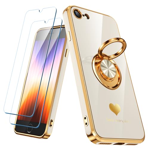 Nonional Compatible for iPhone SE/8/7 Case with 2 Pack Screen Protector, 360° Rotatable Ring Holder [Luxury Hearts Pattern] Plating Gold Edge Slim Soft Phone Case for iPhone SE/8/7 - White