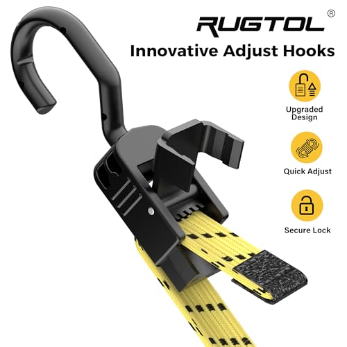 Image of Rugtol Bungee Cords with Hooks, 48 Inch Adjustable Flat Bungee Straps with Quick Release Buckle, Yellow Black Heavy Duty Elastic Cords with Metal Hooks for Bike Rack, Outdoor, Camping, Tarp, 6 Pack