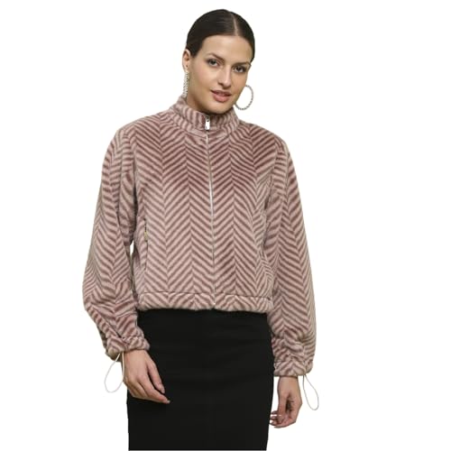 Image of Madame Geometric Pattern Zipped Brown Sweatshirt for Women