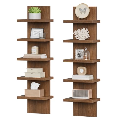Image of HOOBRO 5 Tier Wall Shelf Unit for Storage, 2 Pack Floating Shelves for Wall | Wall Mounted Shelves, Vertical Display Shelf, Organizer Tall Tower Design for Livingroom Bedroom Kitchen, Walnut WL18BJP201