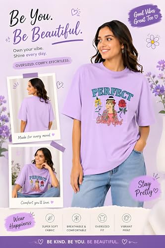 Image of Amazon Brand - Anarva Women Oversized Graphic Printed T Shirt 100% Cotton Drop Shoulder Loose Fit Baggy Casual Tshirt for Girls