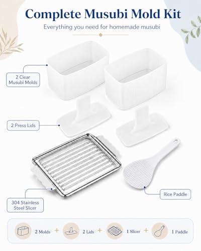 Image of Musubi Press Mold, 2 Pack Musubi Mold Kit with 304 Stainless Steel SPAM Luncheon Meat Slicer & Rice Paddle, Musubi Maker for Hawaiian Spam Musubi, Bento Sushi Rice Press Mold