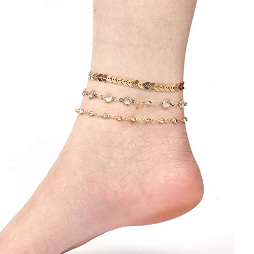 Thunaraz 3 Pcs Fashion Gold Anklet for Women Dainty Sparkly CZ Flat Mariner Foot Chain Heart Anklet Adjustable Summer Boho Colored Bead Evil Eye Anklet Cute Beach Jewelry Set