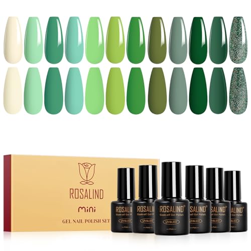 ROSALIND UV Nagellack Grün,12 Farben Grün Grasgrün Armeegrün Farbgel Gel Nagellack, Soak Off Mini UV LED Gel Nail Polish für Gelnägel Maniküre Geschenkset