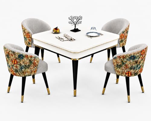 Image of WOODEN SPACE 4 Seater Wooden Dining Table Set | Urban Marble Top Dining Table with Chairs for Dining Room & Kitchen (Modern Classic Printed Light Grey) (42 x 42 x 30 inch)