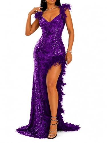 Elegant Long Dresses for Women Wedding Guest Formal Sequin Cami Feather High Slit Fitted Maxi Dress...