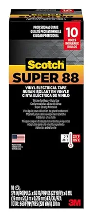 3M Scotch Super 88 Vinyl Electrical Tape, -18 to 105 Degree C, 10000 mV Dielectric Strength, 66' Length x 3/4 Width, Black (Pack of 10)