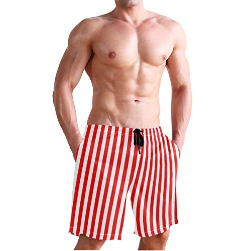 Men's Surfing Simple Red White Vertical Stripes Swimming Trunks4