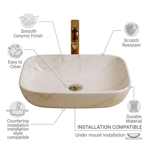 Image of Ceramic Tabletop Wash Basin - Glossy Rectangular Countertop Vessel Sink with Marble Finish for Bathroom & Vanity | Compact 18 x 13 x 5 Inch | Elegant Washbasin