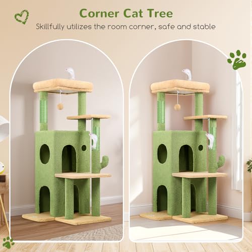 Image of Globlazer Cactus Cat Tree Tower for Indoor Cats, 50-inch Adult Cat Tree House for Large Adult Cats with Steps, Scratching Post, 2 Cat Caves, Dangling Toys, FC50, Green