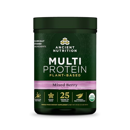 Ancient Nutrition Organic Multi Protein Plant Based Powder, 25g Protein, Hydrolyzed Pea Protein, Digestive Enzymes & Probiotics, Supports Muscle & Gut Health, Mixed Berry, 15 Servings