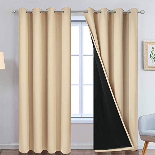 Image of Yakamok 100% Blackout Curtains with Black Lined Thermal Insulated Light Blocking Curtains Heat Blocking Drapes for Bedroom(52Wx96L, Beige, 2 Panels)