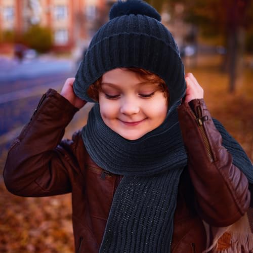 Image of JaGely 2 Sets Kids Winter Hat Gloves Scarf Set Girls and Boys Knit Hat with Pom Warm Scarf Snow Gloves for 3-10 Years Toddler