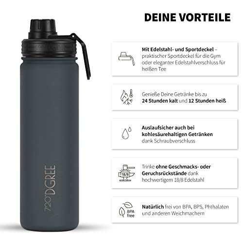 720°DGREE Edelstahl Trinkflasche Kinder 530ml “noLimit” - Auslaufsicher, für Kohlensäure, BPA-Frei - Thermosflasche, Isolierflasche mit Schraubverschluss für Schule, Sport, Fahrrad +Gratis Sportdeckel