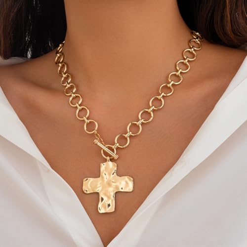 ZMANYIJEW Big Cross Necklace Chunky Statement Gold Cross Pendant Necklace Bold Hammered Cross Necklace Thick OT Buckle Chain Chunky Gold Statement Cross Pendant Necklace2