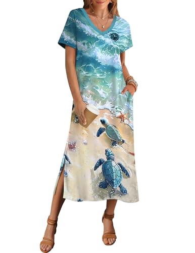 Image of Zeagoo Women Summer Floral Dress Short Sleeve Beach Dress with Pockets Casual V-Neck Split Long T-Shirt Dress Travel Vacation