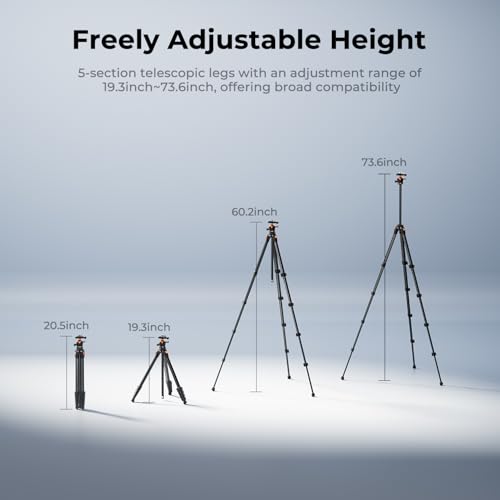 Image of K&F CONCEPT 73 inch Aluminum Travel Tripod for Camera /Phone | Compact Lightweight 2.9lb, Arca Ball Head, 22lb Max Load for DSLR /Mirrorless /iPhone Video, A305A3+BH-40