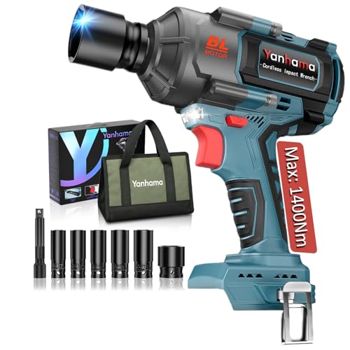 Yanhama Llave De Impacto 1400 Nm, Kit De Pistola De Impacto Sin Cepillo De 1/2 Pulgadas Compatible Con La Batería Makita, 6 Enchufes, Para Tuercas De Ruedas De Coche, Motocicleta, Camión (Sin Batería)